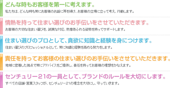 センチュリー21ホームサービス伏見桃山店 お客様への心構え 幸せに続く住まい選びをお手伝いさせていただきます。1.どんな時もお客様を第一に考えます2.情熱を持って住まい選びのお手伝いをさせていただきます3.住まい選びのプロとして、貪欲に知識と経験を身につけます4.責任を持ってお客様の住まい選びのお手伝いをさせていただきます5.センチュリー21の一員として、ブランドのルールを大切にします