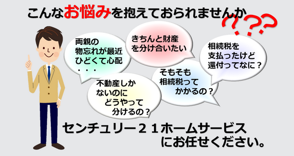 相続対策こんな悩みを抱えておられませんか？両親の物忘れ、財産を正確に分けたい、相続税ってなに？還付金ってなに？こんな疑問にや悩みを解決いたします。