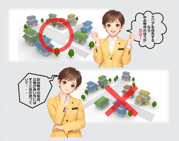 新築物件（新築一戸建て）の場合、立地が良い所にはすでに家が建っていますが、エリアを優先するなら中古物件（中古一戸建て）のほうが豊富です。