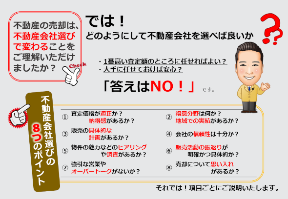 では、どのようにして不動産会社を選べば良いのか。査定価格が適正か納得感があるか。得意分野は何か地域での実績はあるか。販売の具体的な計画があるか。会社の信頼性は十分か。物件の魅力などヒアリングや調査があるか。販売活動の振返りが明確かつ具体的か。強引な営業やオーバートークがないか。売却について思い入れがあるか。の８つがポイントです。決して査定額の高いところ。大手に任せておけば良いものではありません。