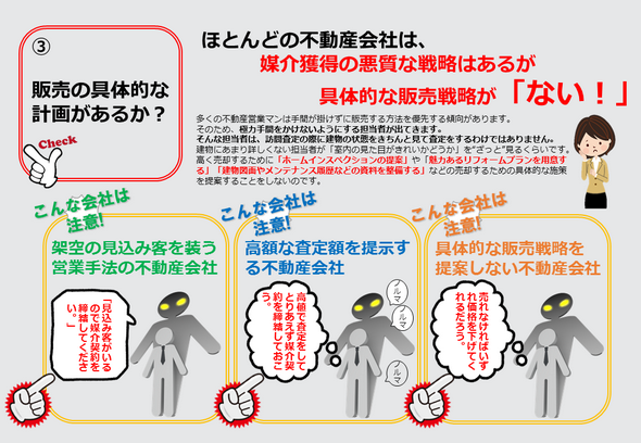 多くの不動産営業マンは手間が掛けずに販売する方法を優先する傾向があります。 そのため、極力手間をかけないようにする担当者が出てきます。 そんな担当者は、訪問査定の際に建物の状態をきちんと見て査定をするわけではありません。建物にあまり詳しくない担当者が「室内の見た目がきれいかどうか」を“ざっと”見るくらいです。高く売却するために「ホームインスペクションの提案」や「魅力あるリフォームプランを用意する」「建物図面やメンテナンス履歴などの資料を整備する」などの売却するための具体的な施策を提案することをしないのです。