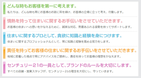 どんなときもお客様を第一に考えます。情熱を持って住まいに関するお手伝いをさせていただきます。住まいに関するプロとして、貪欲に知識と経験を身につけます。責任を持ってお客様の住まいに関するお手伝いをさせていただきます。センチュリー２１の一員として、ブランドルールを大切にします。