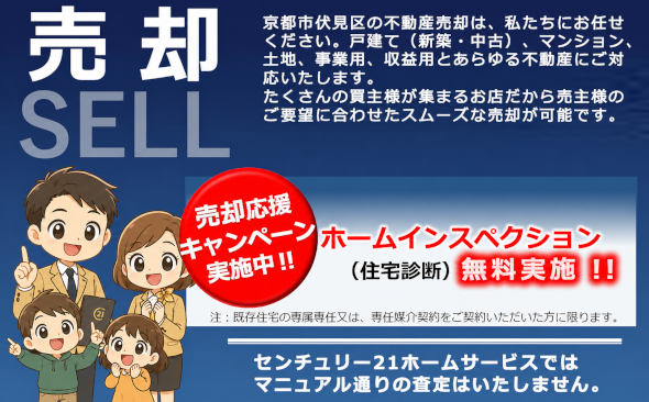 不動産売却|京都市伏見区の不動産売却は、私たちにお任せください。新築戸建て、中古戸建て、マンション、土地、事業用地、収益物件とあらゆる不動産にご対応しています。たくさんの買主様が集まるお店だから売主様のご要望にあわせたスムーズな売却が可能です。ホームインスペクション無料キャンペーン実施中