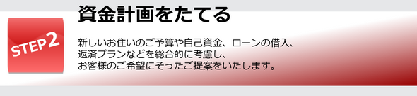 資金計画をたてる｜新しいお住いのご予算や自己資金、ローンの借入、 返済プランなどを総合的に考慮し、 お客様のご希望にそったご提案をいたします。