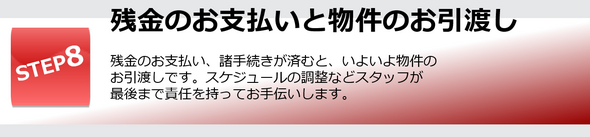 残金のお支払いと物件のお引渡し｜残金のお支払い、諸手続きが済むと、いよいよ物件のお引渡しです。スケジュールの調整などスタッフが最後まで責任を持ってお手伝いします。